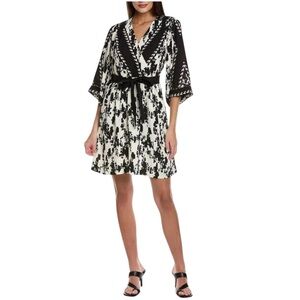 🌻NEW NWOT Cabi X-Factor Dress Black White Floral Faux Wrap Belted Size Large
